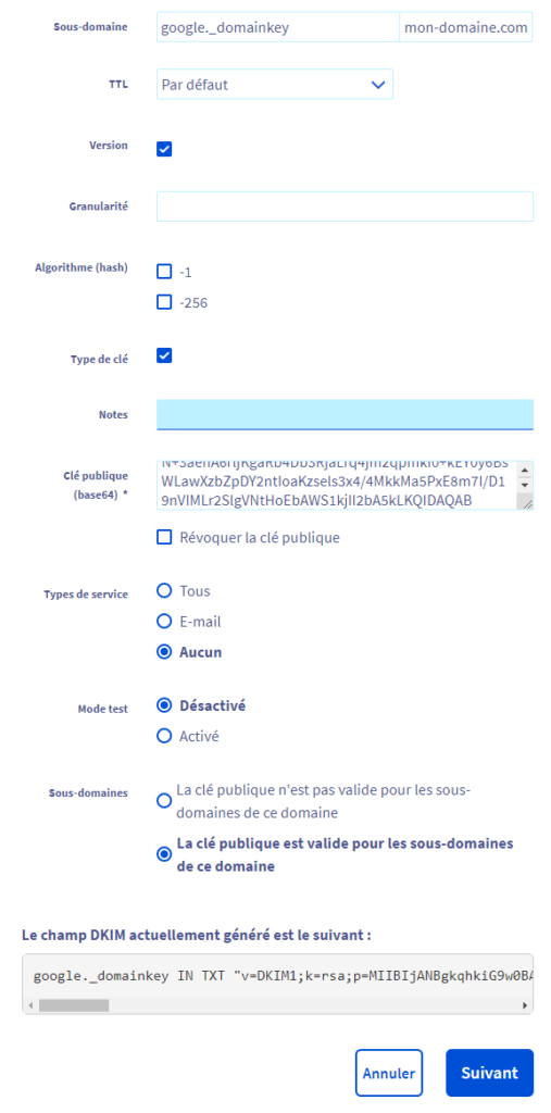 Configuration d'une entrée DKIM pour le relais SMTP de Google Workspace